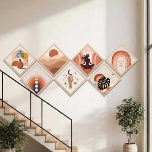 Image of NoWorries Boho Diamond Shape Wall Painting Set of 7 with Frame | Abstract Desert, Yoga Girl, Moon Phase, Monstera Leaf & Breathe Quote Artwork for Living Room, Bedroom, Office and Home Decor (Art-9, Frame Size-10x10 inches)