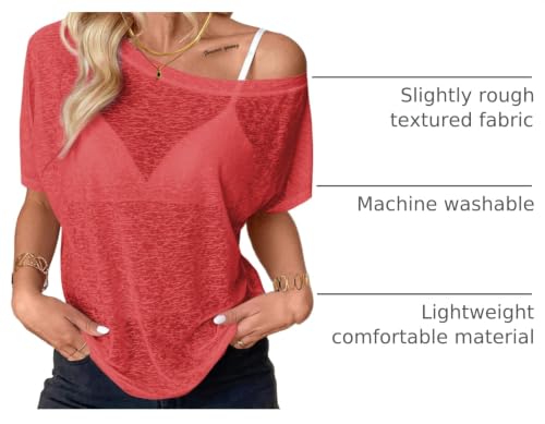 Image of Hilinker Women's Sheer Off The Shoulder Tops See Through Sexy Short Sleeve Mesh Shirt Summer