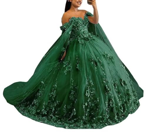 WDBFY Off Shoulder Quinceanera Dresses with Cape Floral Applique Prom Ball Gowns Long Formal Wedding Evening Party Dress