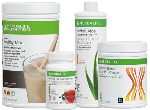HERBALIFE NUTRITION Formula 1 Four Combo (Cookeis N' Cream 750g) Healthy Nutritional Shake Mix-Herbal Aloe Concentrate Pint 473ml-Personalized Protein Powder 360g and Herbal Tea Concentrate 51g