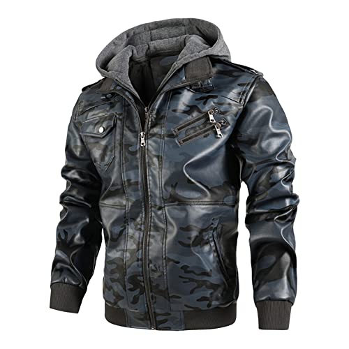 Maiyifu-GJ Camo Motorcycle Jacket for Men Faux Leather Windproof Moto Coat Vintage Bomber Hoodie with Removable Hood (Dark Blue,Medium)