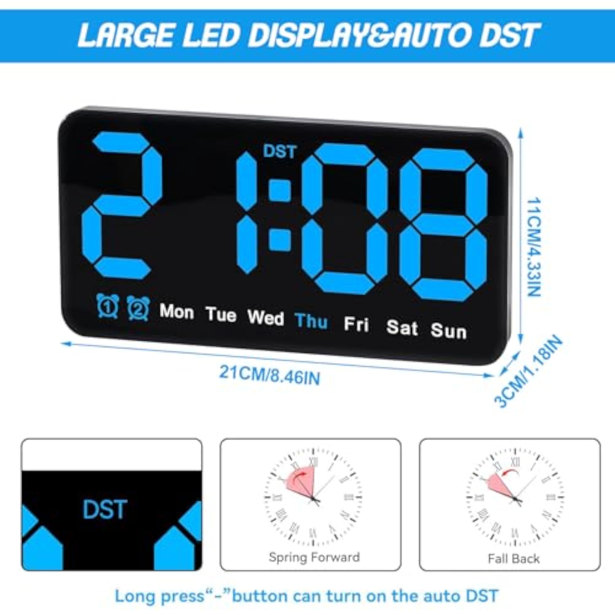 Digital Wall Clock - 8.5 Inch Large Display LED Alarm Clock