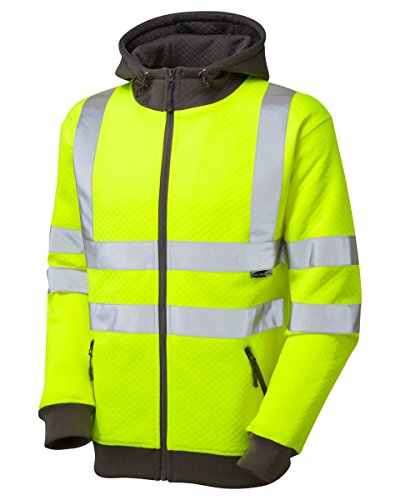 Leo Workwear Saunton Double Fabric Hood Hi-Vis Full Zip Hooded Sweatshirt, Large, Hi-Vis Yellow