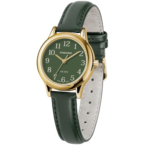 PINDOWS schlanke minimalistische Quarz-Analoguhr für Damen, Gehäuse in Goldton mit schwarzem Lederarmband, modische, Elegante Armbanduhr für den Alltag