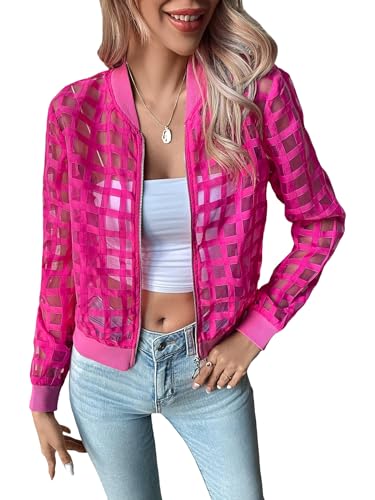 Floerns Women's Hollow Out Long Sleeve Baseball Collar Zip Up Bomber Jacket