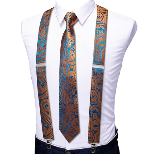 Image of Barry.Wang Men Suspender Set with Necktie Elastic Y Type Heavy Duty 6 Clips Braces Tie Handkerchief Cufflink Pin 6PCS