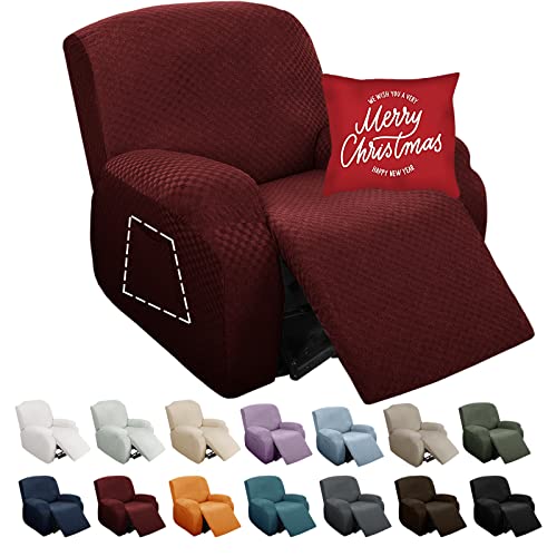 Image of YEMYHOM 4 Pieces Stretch Recliner Slipcover Jacquard Recliner Chair Cover with Side Pocket Anti-Slip Fitted Recliner Cover Couch Furniture Protector with Elastic Bottom (Recliner, Wine Red)