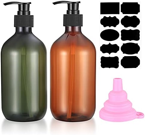 2 Pcs Pump Bottle Dispenser, 500ML/17oz Refillable Empty Press Pump Bottles, Plastic Liquid Soap Dispenser Storage Holder Container for Lotions, Shampoo, Conditioner, with Funnel, Label Paper