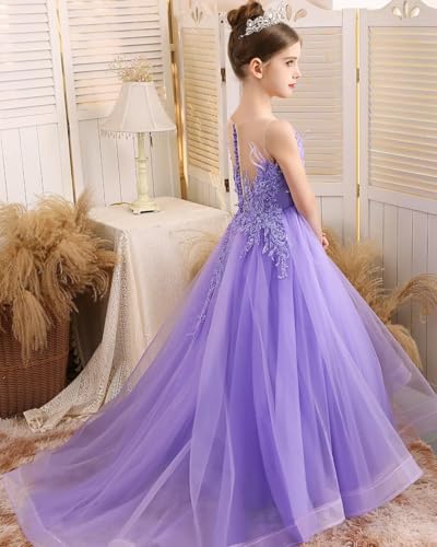 Lace Appliques Tulle Flower Girl Dresses Beaded Pageant Dresses with Train Sleeveless Ball Gown Prom Dress4
