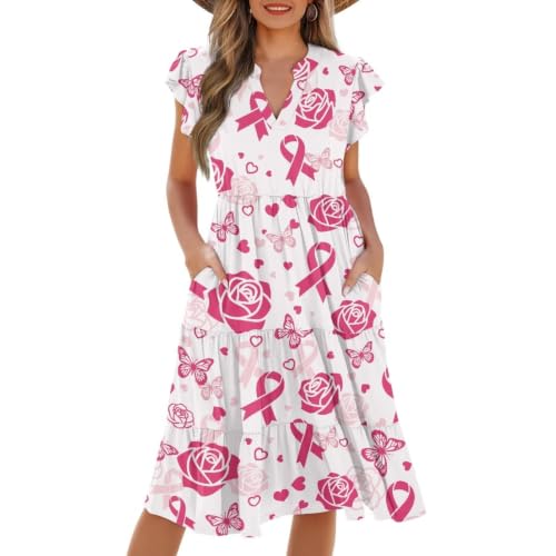 Image of Women's Casual Ruffle Sleeve Dress V Neck Pullover Dress Flowy A-Line Pleated Lightweight Dress with Pockets
