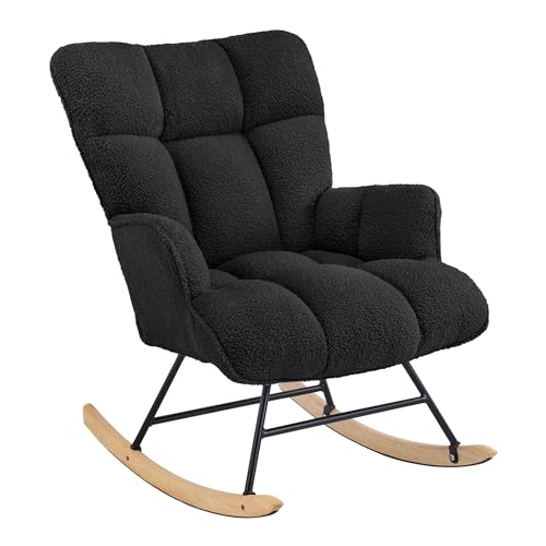 Aunekiv Fauteuil à Bascule en Tissu Teddy pour Adultes, Chaise à Bascule Confortable pour Salon ou Chambre, Fauteuil de Nursing pour Chambre Bébé, Noir