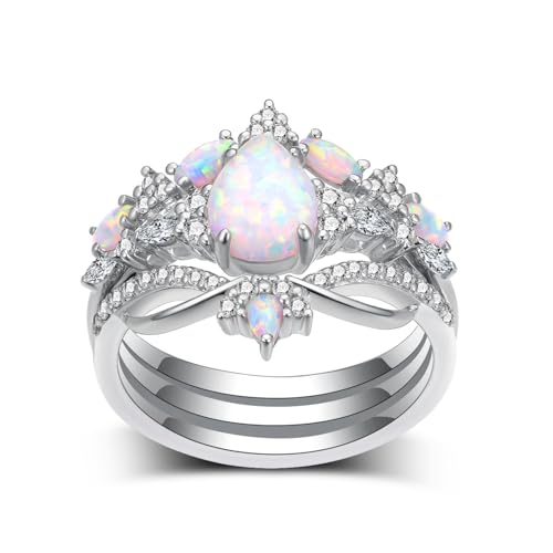 Pear Shaped Natural Opal Engagement Ring Set for Women, 925 Sterling Silver 1 Carat Opal Wedding Band Bridal Ring Set Anniversary Birthday Jewelry Gifts for Women