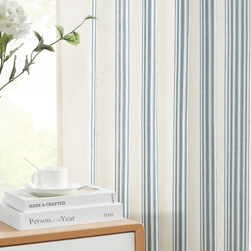 jinchan Striped Linen Blend Curtains 84 Inches Long for Living Room Blue Stripe Semi Sheer Light Filtering Modern Farmhouse Coastal Drapes for Bedroom Curtain Set 2 Panels - Image 3