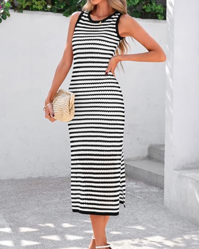 Image of Zenlonr Women's Sleeveless Summer Dresses 2025 Casual Crochet Knit Sundress Striped Long Tank Dress Beach Slip Dress
