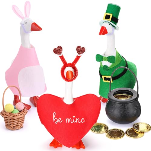 AmazingSpark 3 Set Valentine's Day Mini Desk Goose Outfit 7 Inch St. Patrick's Day Easter Magnetic Goose Statue Key Holder Romantic Clothe for Magnetic Duck Statue Table Desk Key Holder Decor