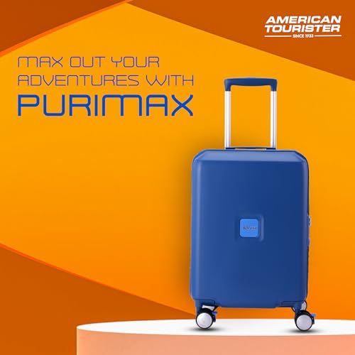 Image of American Tourister Purimax 55 CM Cabin Suitcase with TSA Lock & 8 Wheels Hard-Sided Polycarbonate /Trolley Bag for Holiday /Travel Bag for Holiday /Travel Bag with Double Spinner Wheels for Unisex- Blue