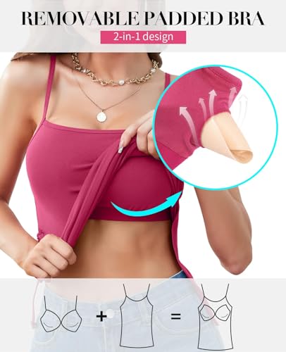 Women Padded Camisoles with Built-in Bra Side Split Asymmetrical Hem Tank Tops Cotton Shirts Magenta S - Image 3