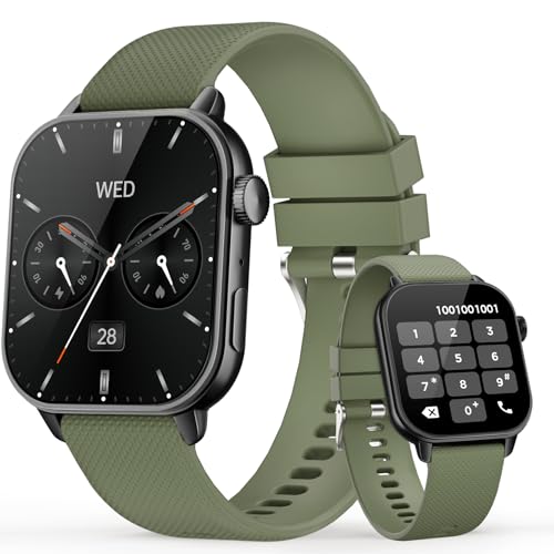 MFVLP Smart Watch for Men Women, 1.85'' AMOLED HD Fitness Watch with 120+ Sports Modes, Bluetooth Call/Heart Rate/Sleep Monitor/Pedometer, Smartwatch for Android iOS, Army Green