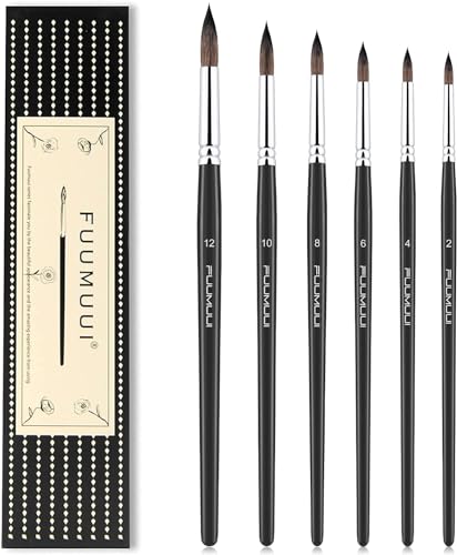 Squirrel Hair Watercolour Brushes, Fuumuui 6pcs Round Detail to Thick Paint Brushes High Water Holding Capacity Perfect for Watercolour Ink Gouache Painting Black