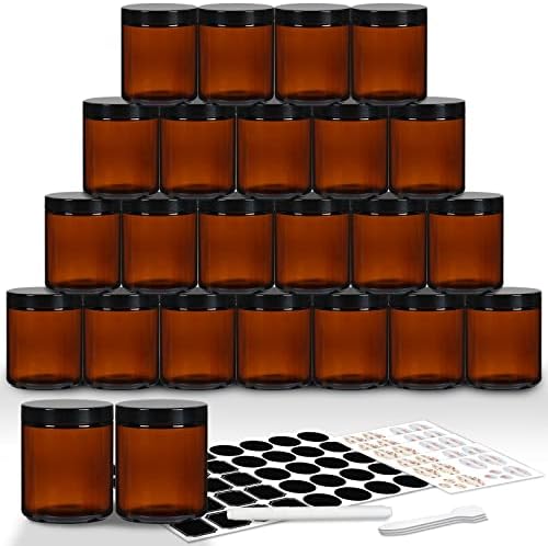 EkkoVla 24 Pack 8 oz Amber Round Glass Jars with 24 Black Lids, Candle Making Jar, Empty Refillable Cosmetic Containers for Lotions, Face Creams, Body Butter, Powders, Ointments, Beauty Products