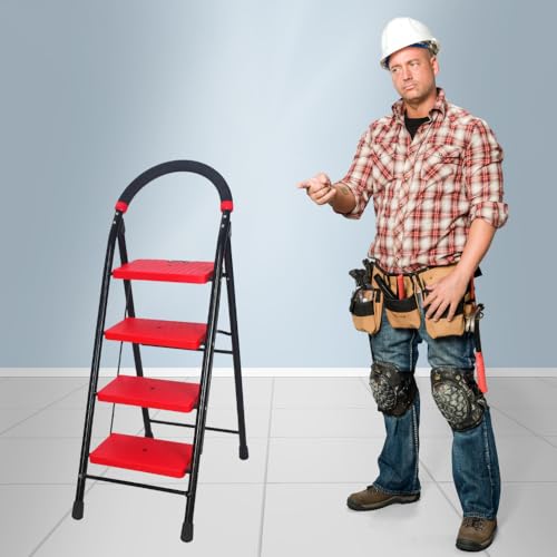 Image of CIPLA PLAST 4 Steps Super Milano Heavy Duty Ladder for Home Premium Alloy Steel Folding 4 Step Ladder for Home, Wide Anti-Skid Steps (Black & RED) GEC-L4(SM) (Large)