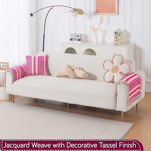Image of HOKIPO 'Artisan Boho Series' Sofa Arm Cover with Tassel | 450 GSM Thick Cotton Acrylic Jacquard Fabric Armrest Mat Size 50x70 cm, Pack of 2, Fuchsia Pink (IN-899-A5*2SM)