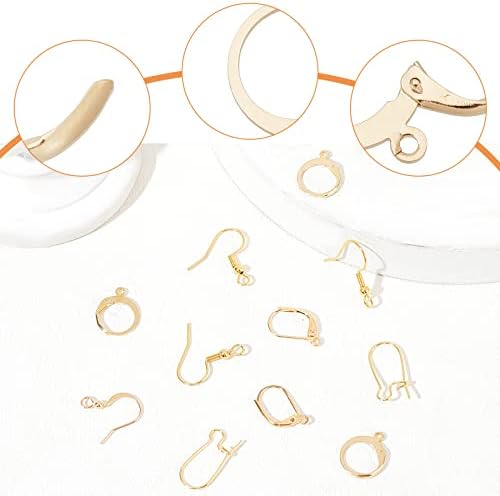 Beebeecraft 1 Box 50Pcs 5 Style Earring Hooks with Loop Hole 18K Gold Plated Earring Making Kit Leverback Huggies Earwire for Jewelry Earring Making