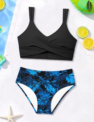 Image of Teen Girls Swimsuits V-Neck Bikini Set Bathing Suits Cross Straps Two Piece Swimwear with Drawstring