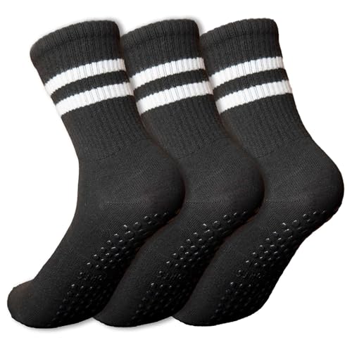 GtxvZys Pilates Socks with Grips Women Non-Slip Yoga Socks 3-Pack Yoga Crew Socks for Gym Ballet Grey Home exercise Black