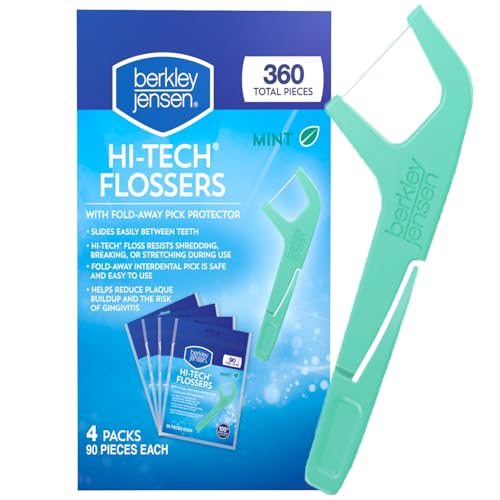 Berkley Jensen Hi-Tech Flossers - 360 Pieces (Pack of 4, 90ct. Each) - Mint Flavored Shred-Resistant Dental Floss w/Fold Away Tooth Pick - Dental Flossers for Adults - Helps Reduce Plaque & Gingivitis
