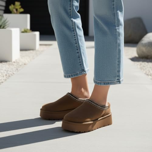 Image of CUSHIONAIRE Kabuki Platform Boots Genuine Suede Fuzzy Mule Slippers for Women with Memory Foam | Indoor /Outdoor Womens Slippers | Wide Widths Available