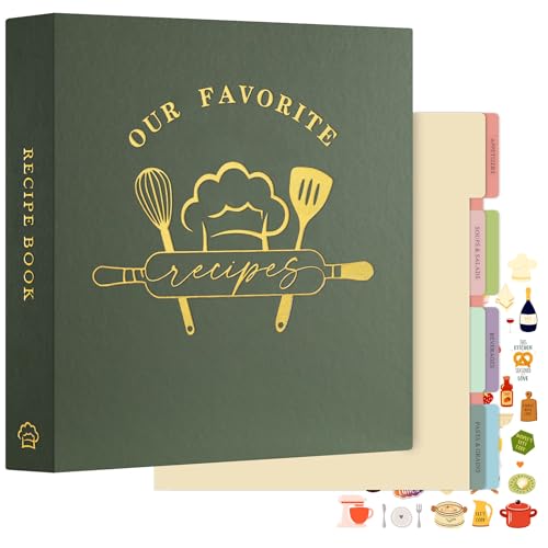 Lanpn Recipe Binder 8.5x11 3 Ring Kit, Waterproof Recipe Book Organizer Binder to Write in Your Own Recipes, Blank Cookbook with 60 Plastic Sleeves,116 Recipes, Dividers, Labels & Stickers, Green