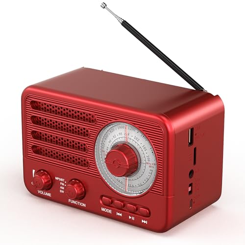 Radio Transistor Vintage – Estilo Retro de Rango Moderno portátil Am/FM/SW con USB/TF/AUX MP3 y batería Recargable de 1800 mAh (Rojo)