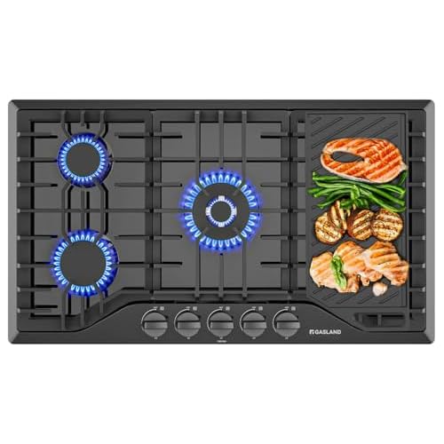 36 Inch Gas Cooktop with Griddle, GASLAND PRO GH3365EF 5 Burner Gas Stovetop with Reversible Cast Iron Grill/Griddle, Gas Countertop Plug-in, NG/LPG Convertible Gas Cooktops, Black