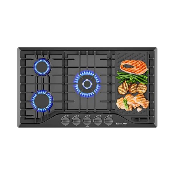 36 Inch Gas Cooktop with Griddle, GASLAND PRO GH3365EF 5 Burner Gas Stovetop with Reversible Cast Iron Grill/Griddle, Gas Countertop Plug-in, NG/LPG Convertible Gas Cooktops, Black