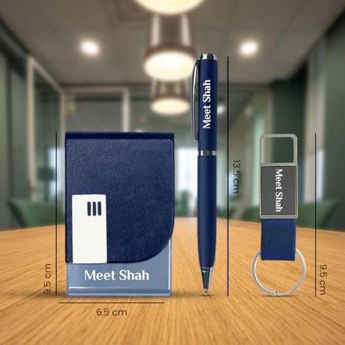 Image of Giftana Personalized Card Holder with Pen, Keychain with Name, 3 in 1 Customized Pen, Card Holder Keychain Gift Set, Personalised Gifts for Husband, Diwali Corporate Gifts for Employee (Blue)