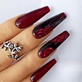 Black Press on Nails Long Coffin Fake Nails with Wine Red Large Rose Flower Pattern Design Autumn Winter Acrylic Glossy Stick on False Nails Artificial Full Cover Glue on Nails for Women Girls 24 Pcs