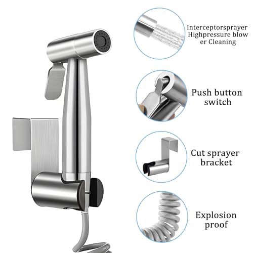 Handbrause Bad Bidet Edelstahl Waschen Duschkopf Bidetaufsatz Sprühset mit Dual Modus (Jet/Stream) mit Federschlauch Haken Toilette Adapte (G1/2 & G3/8) für Tägliche Körperhygiene und Badreinigung
