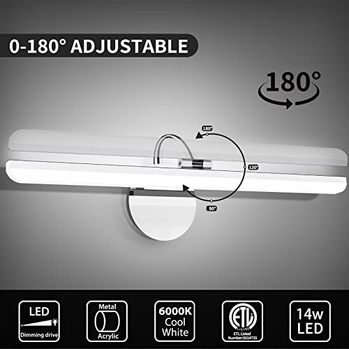 Okeli Dimmable Bathroom Light Fixtures Led Modern 23.6In 14W Bathroom Vanity Light Chrome Stainless Steel 180°Rotatable Vanity Light Bar For Bathroom 6000K Cool White Etl Listed #TOP3