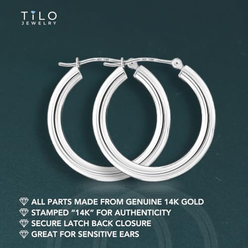 Image of 14K White Gold Classic Chunky Hoop Earrings, Solid White Gold Chunky and Lightweight Shiny Hoops, 3mm Tube Thickness