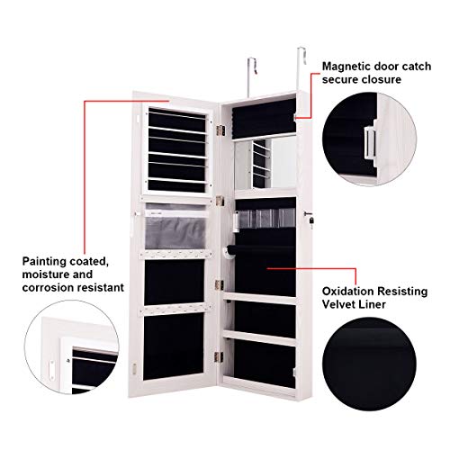 Giantex Jewelry Armoire Wall Door Mounted, Lockable Jewelry Cabinet With Full Screen Display View Larger Wider Mirror 16'', Large Storage Jewelry Organizer Box With Full Length Mirror (White) #TOP5