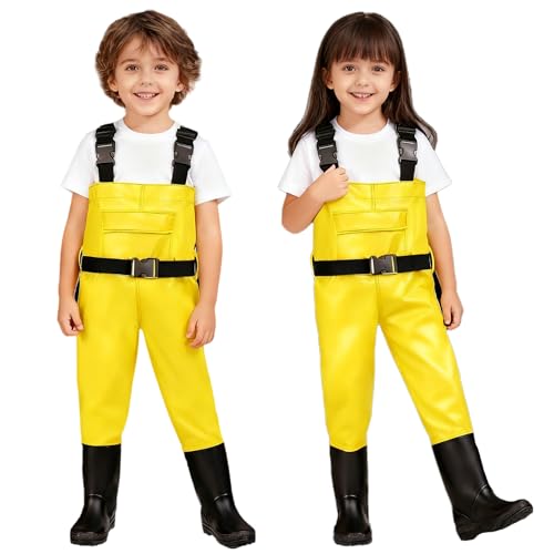 Kids Waders Waterproof PVC All-in-One with Adjustable Straps for 5-12 Years,Non-Slip Boots,Outdoor Play,Fishing,Beach,hunting,Yellow