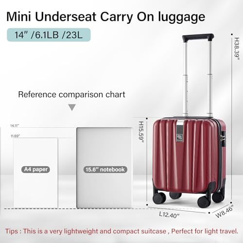 Image of Hanke 14 Inch Underseat Carry On Luggage with Wheels Hard Shell Suitcases Lightweight Small Luggage for Weekender Mini Suitcase Carry On Bag Travel Luggage for Travel Rolling Suitcase.(Burgundy)