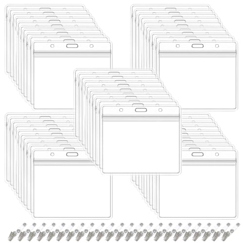 LOLYSIC 50Pcs Plastic ID Card Holders with Clips, Horizontal Name Tags Badge Holders, Resealable Waterproof Lanyard Card Holders, Clear ID Badge Card Holders for Office Company Work School, 4" x 3"