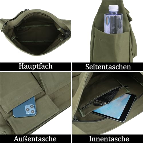 TIAASTAP Kuriertasche aus Leinenstoff, Vintage Canvas Messenger Bag für Studenten, Große Kapazität Hobo Crossbody Bag Umhängetasche Freizeittasche mit mehreren Innenfächern, Grün