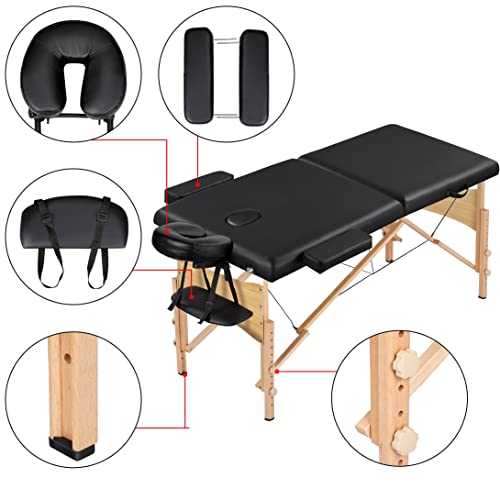 Yaheetech Mobile Massagelige 2 Zonen Massagetisch Höhenverstellbare Massagebank mit Holzfüßen und Tragetasche Klappbare Kosmetikliege 70 cm Breit, Schwarz