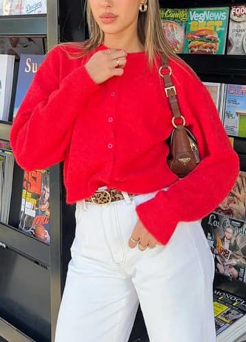 Women's Casual Crop Knit Cardigan Y2K Cute Long Sleeve Crewneck Open Front Button Down Cardigan Sweaters Streetwear2