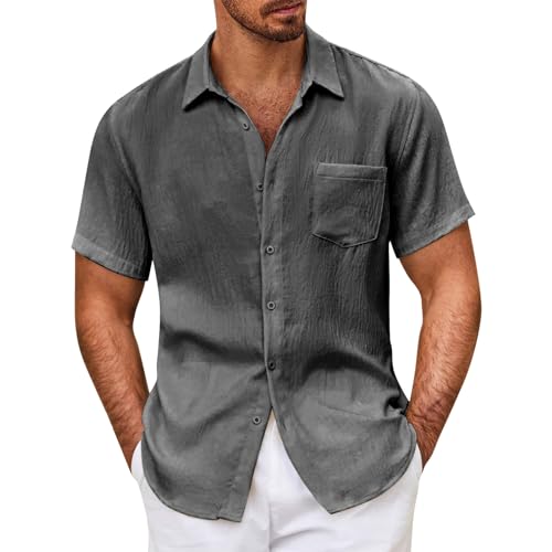 Camisa de manga corta a rayas de color liso con botones y bolsillos sueltos, gris, 5XL