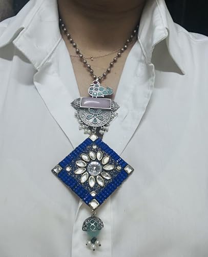 Image of Vintage Style Statement Necklace, Blue crystal Pendant,matar Mala Chain, Turquoise Floral Charm
