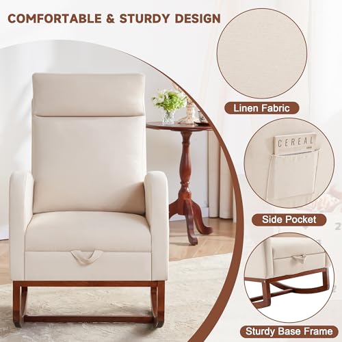Image of Rocking Chair Nursery High Back Rest Glider Rocker with Footrest Nursing Rocking Chairs Upholstered Accent Arm Chair for Living Room Bedroom Indoor, Beige